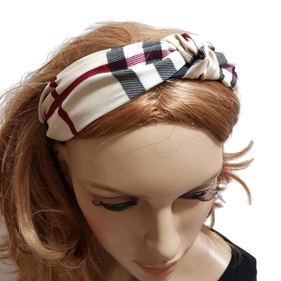 Handmade beige check headband - Picture 1 of 3